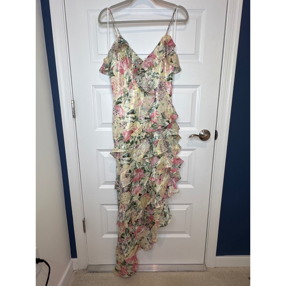 Dress The‎ Population Josefina Metallic Floral Ruffle Gown Pink Gold Small